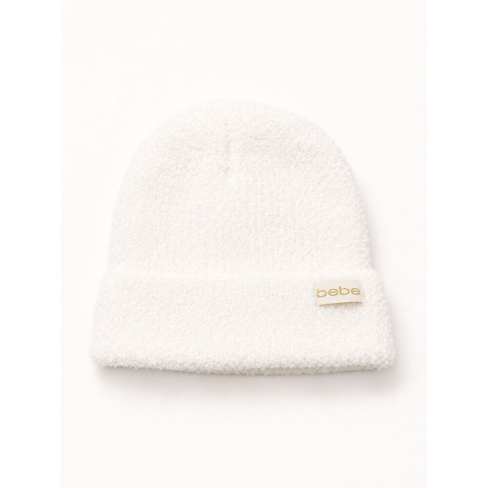 Bebe White Fuzzy Boucle Knit Beanie Logo Winter Hat Y2K One Size